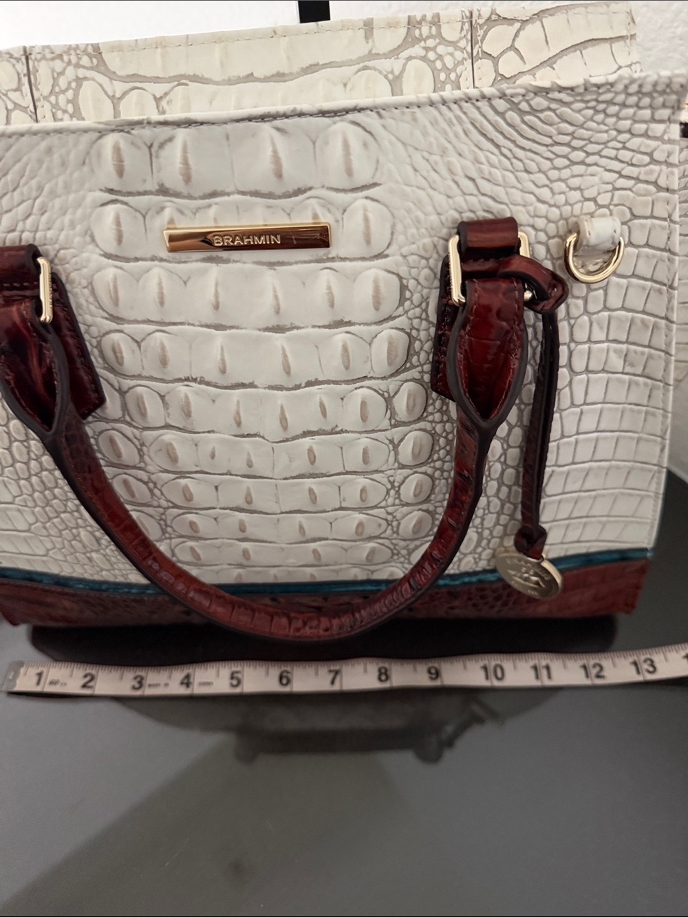 Brahmin Priscilla Satchel Pearl/ Off White & Brown Presley Croc Embossed Bag.